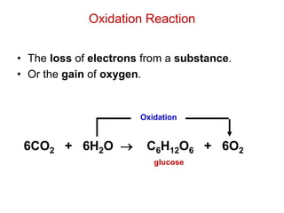 Oxidation Reaction
• The loss of electrons from a substance.
• Or the gain of oxygen.
glucose
6CO2 + 6H2O  C6H12O6 + 6O2
Oxidation
 