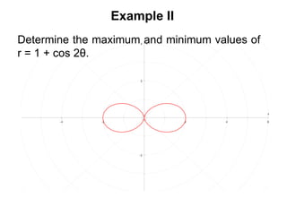 Example II
- 4 - 2 2 4 6
-2
2
4
x
yDetermine the maximum and minimum values of
r = 1 + cos 2θ.
 