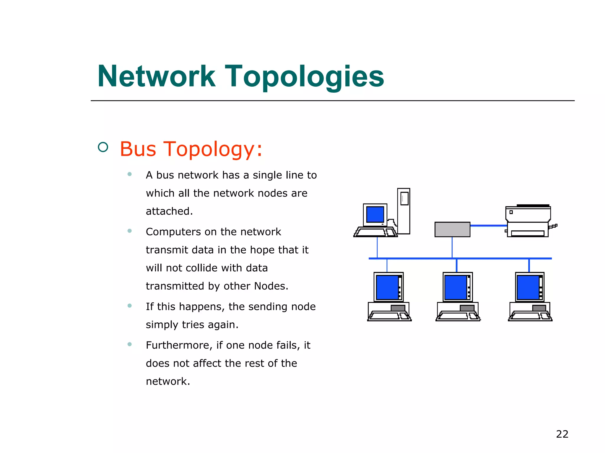 Network Topologies

   Bus Topology:
       A bus network has a single line to
        which all the network nodes are
        attached.
       Computers on the network
        transmit data in the hope that it
        will not collide with data
        transmitted by other Nodes.
       If this happens, the sending node
        simply tries again.
       Furthermore, if one node fails, it
        does not affect the rest of the
        network.




                                             22
 