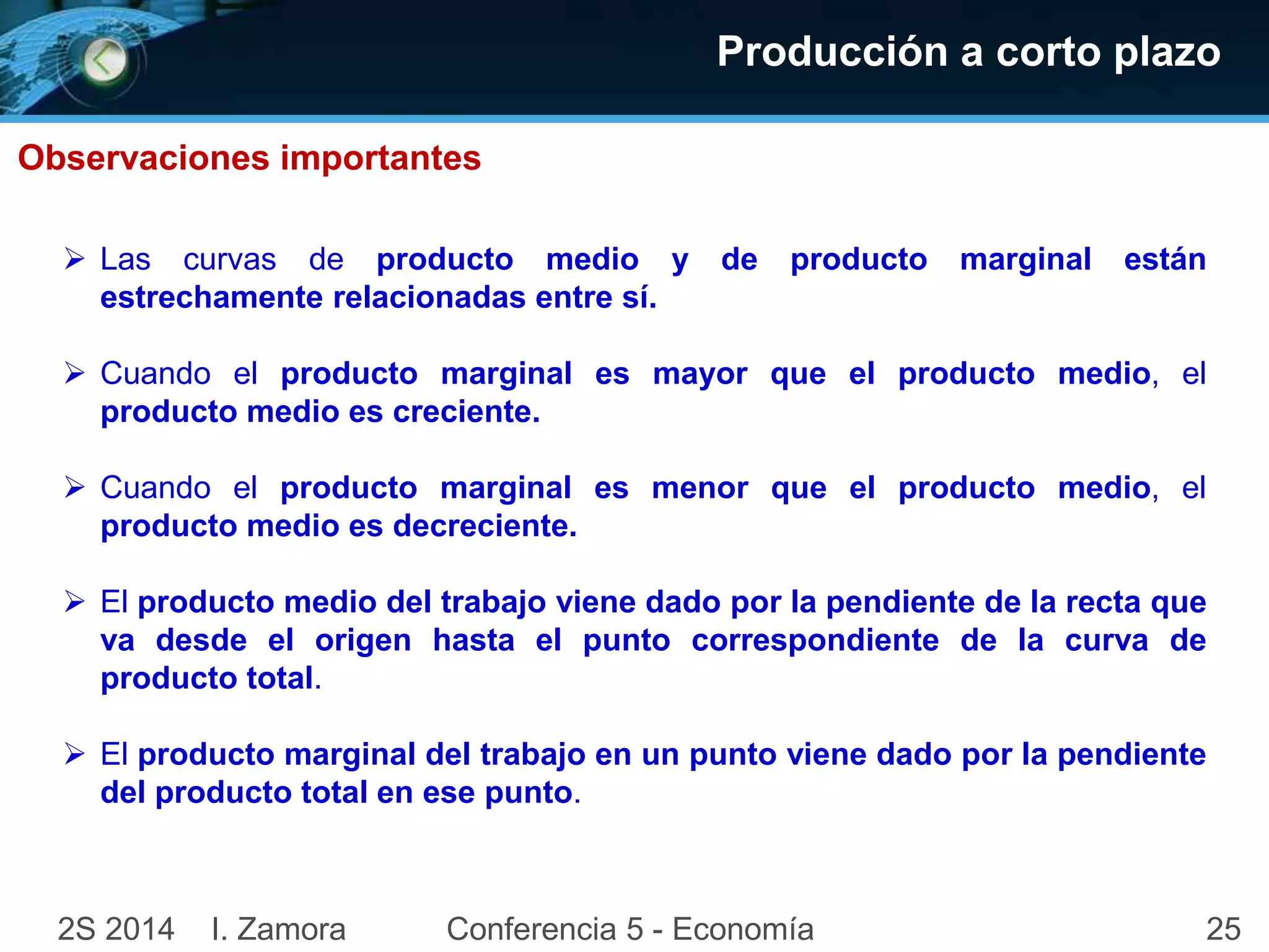Observaciones importantes 
Producción a corto plazo 
 Las curvas de producto medio y de producto marginal están 
estrechamente relacionadas entre sí. 
 Cuando el producto marginal es mayor que el producto medio, el 
producto medio es creciente. 
 Cuando el producto marginal es menor que el producto medio, el 
producto medio es decreciente. 
 El producto medio del trabajo viene dado por la pendiente de la recta que 
va desde el origen hasta el punto correspondiente de la curva de 
producto total. 
 El producto marginal del trabajo en un punto viene dado por la pendiente 
del producto total en ese punto. 
2S 2014 I. Zamora Conferencia 5 - Economía 25 
 