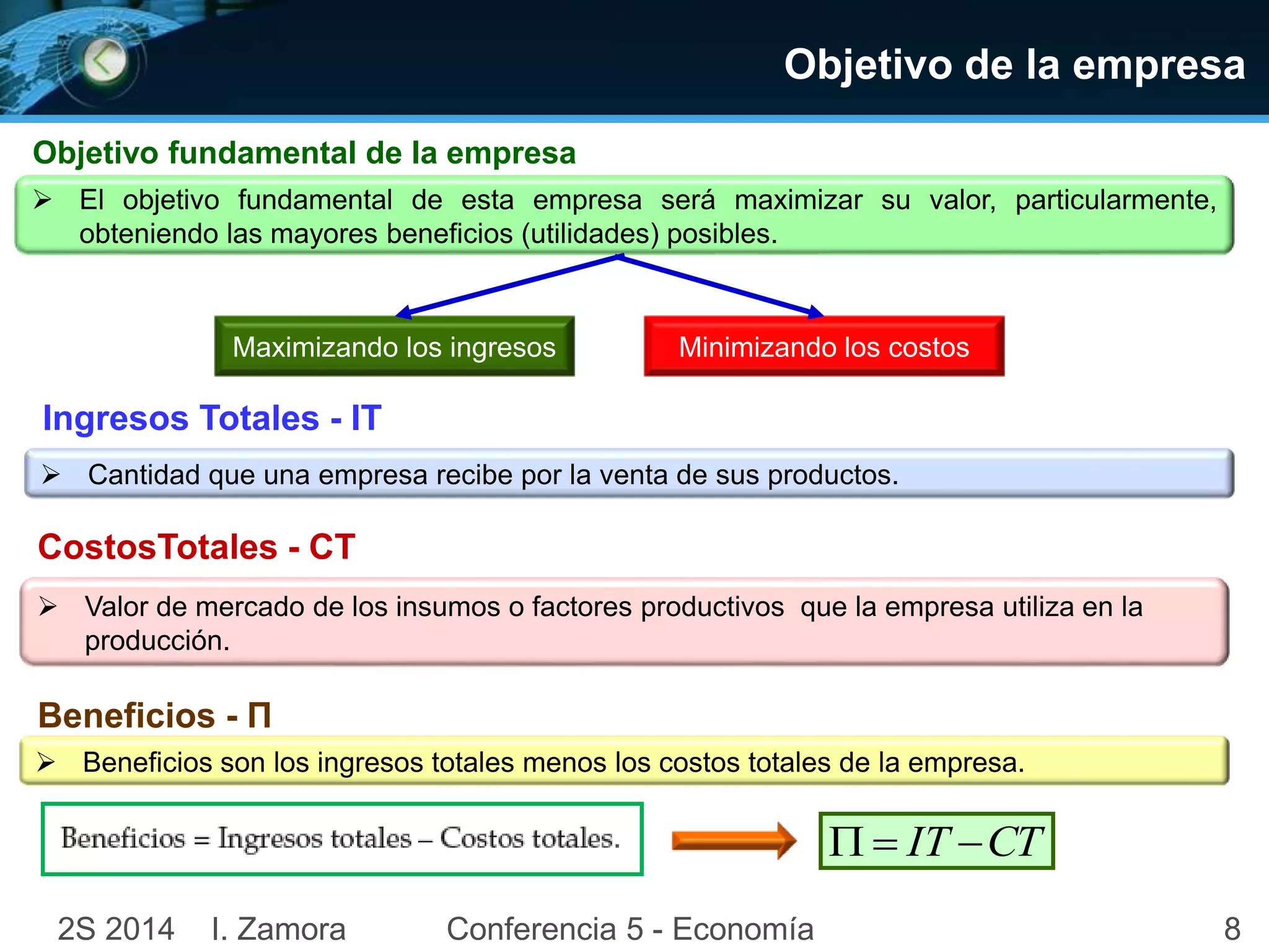 Objetivo fundamental de la empresa 
Objetivo de la empresa 
 El objetivo fundamental de esta empresa será maximizar su valor, particularmente, 
obteniendo las mayores beneficios (utilidades) posibles. 
Maximizando los ingresos Minimizando los costos 
Ingresos Totales - IT 
 Cantidad que una empresa recibe por la venta de sus productos. 
2S 2014 I. Zamora Conferencia 5 - Economía 
8 
CostosTotales - CT 
 Valor de mercado de los insumos o factores productivos que la empresa utiliza en la 
producción. 
Beneficios - Π 
 Beneficios son los ingresos totales menos los costos totales de la empresa. 
 IT CT 
 
