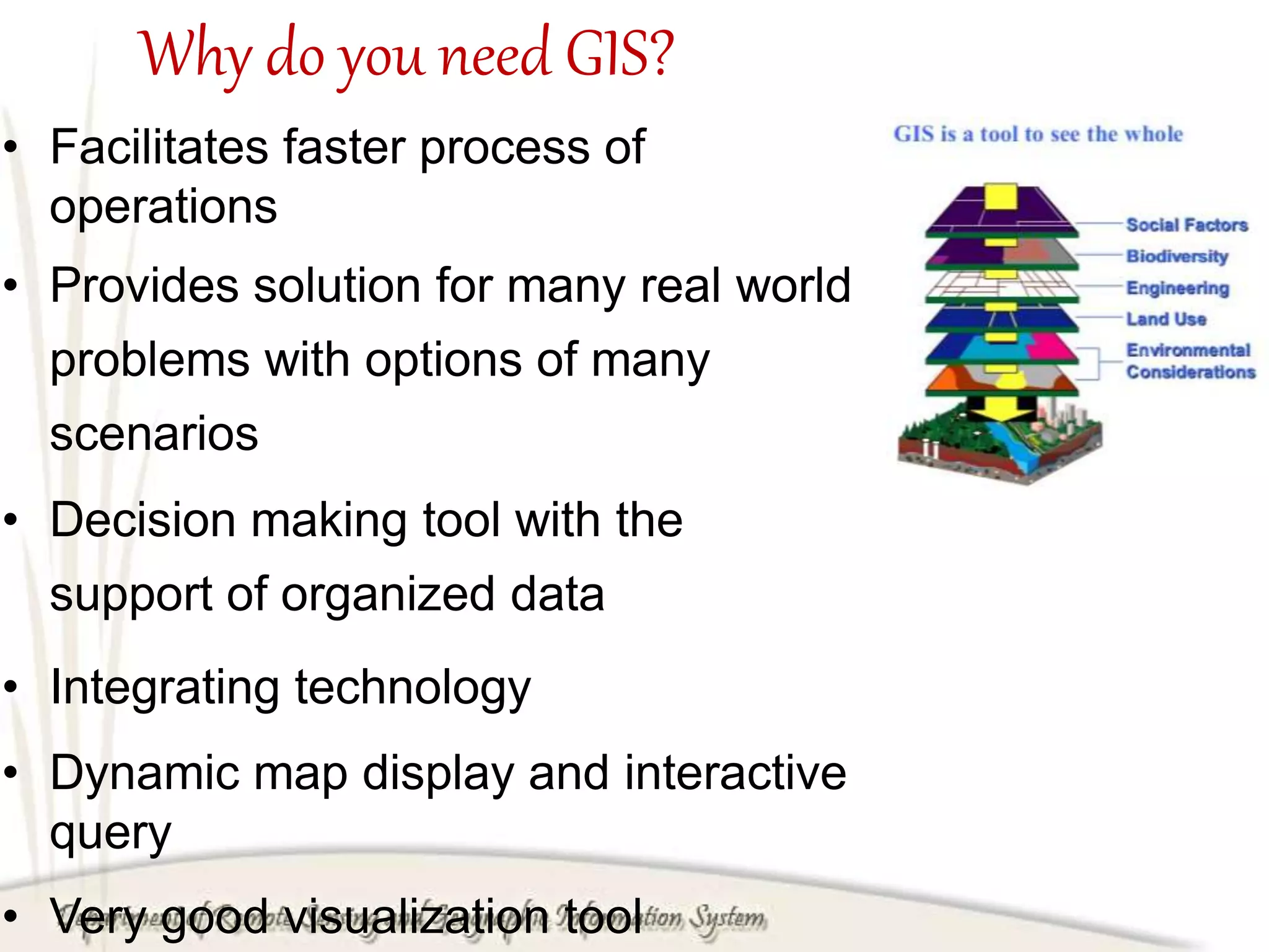 Why do you need GIS?
• Facilitates faster process of
operations
• Provides solution for many real world
problems with options of many
scenarios
• Decision making tool with the
support of organized data
• Integrating technology
• Dynamic map display and interactive
query
• Very good visualization tool
 