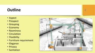 Outline
• Aspect
• Prospect
• Grouping
• Economy
• Roominess
• Circulation
• Flexibility
• Furniture requirement
• Elegance
• Privacy
• Sanitation
4
 
