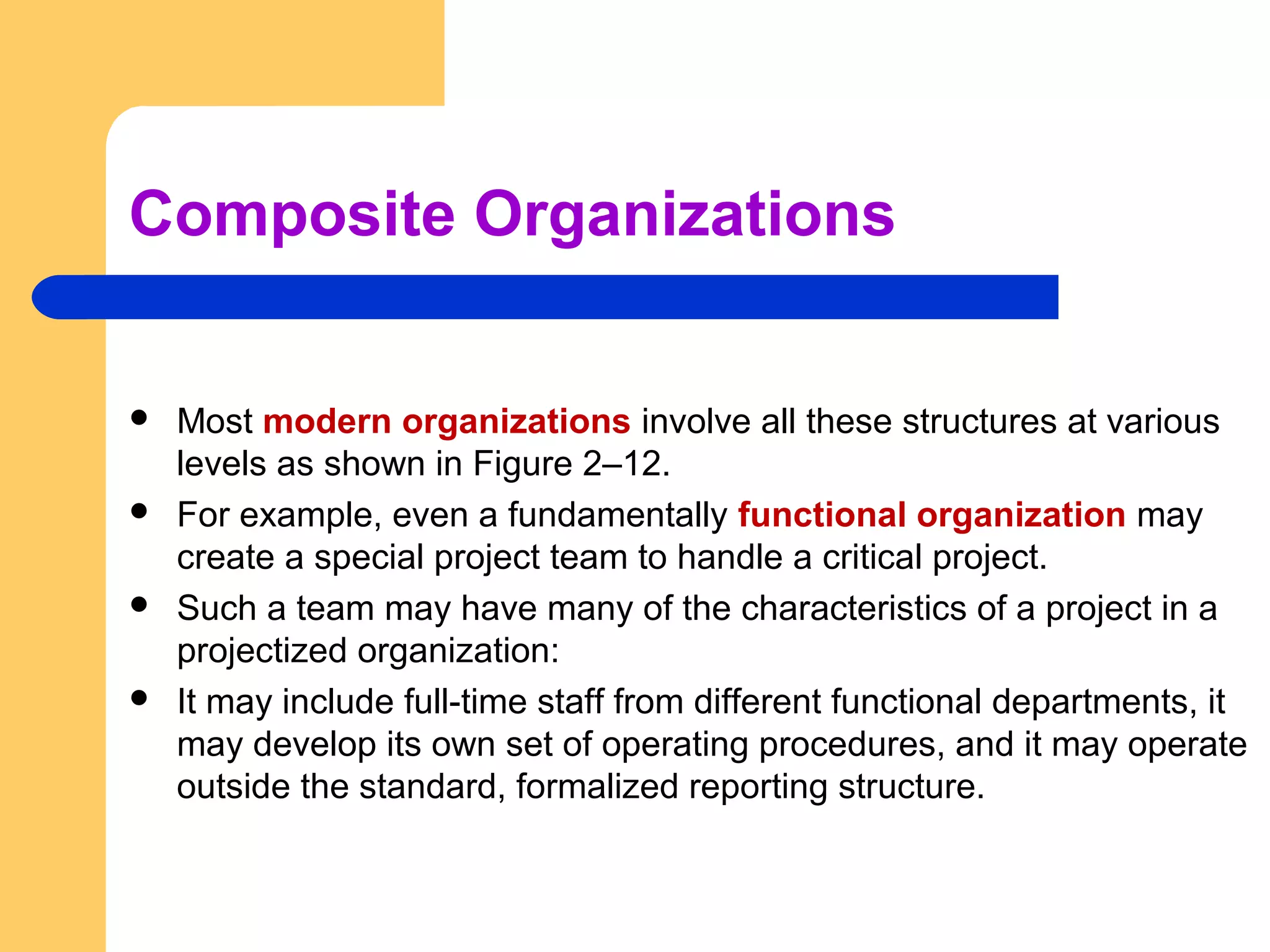 Composite Organizations
 Most modern organizations involve all these structures at various
levels as shown in Figure 2–12.
 For example, even a fundamentally functional organization may
create a special project team to handle a critical project.
 Such a team may have many of the characteristics of a project in a
projectized organization:
 It may include full-time staff from different functional departments, it
may develop its own set of operating procedures, and it may operate
outside the standard, formalized reporting structure.
 