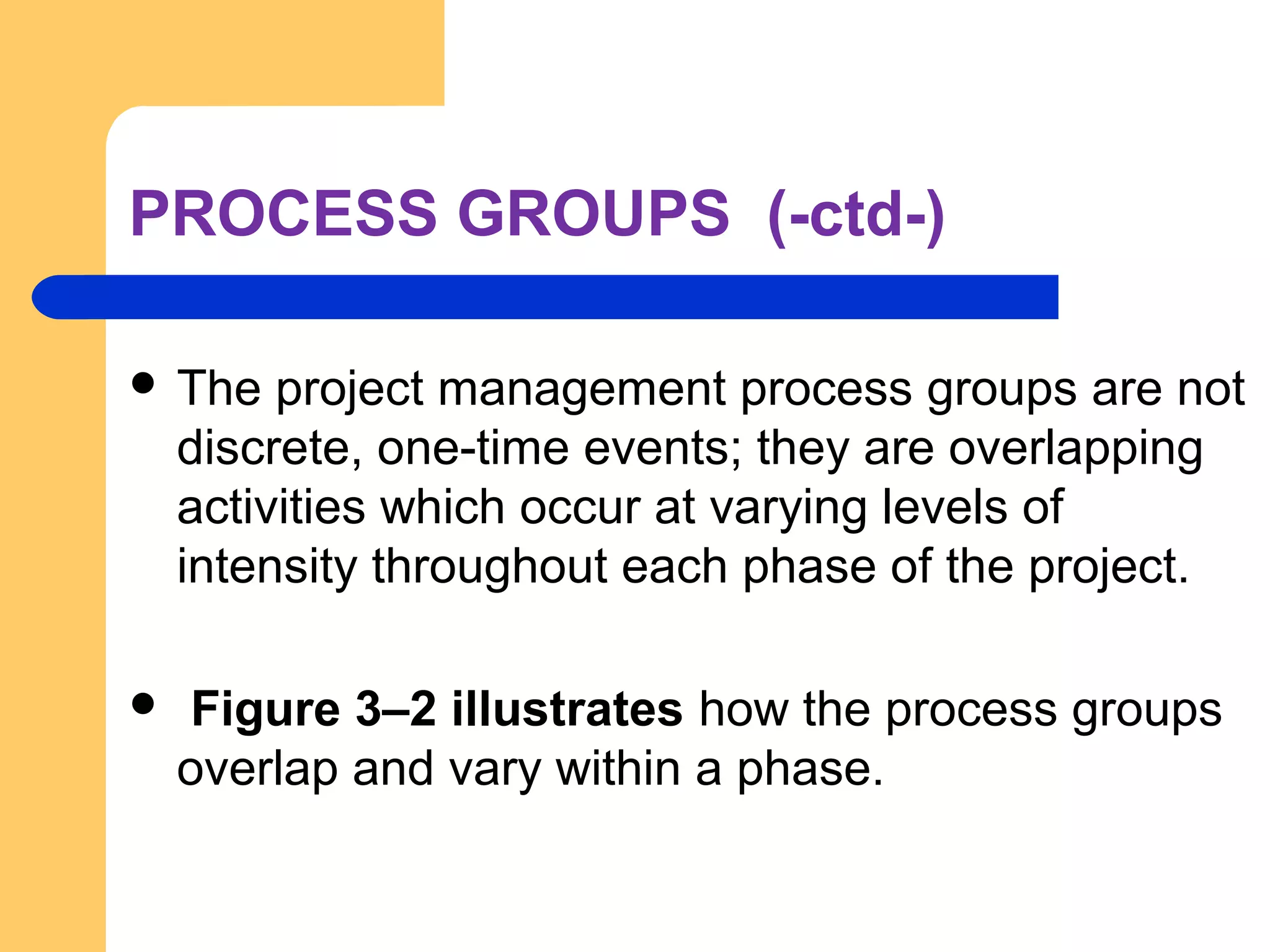 PROCESS GROUPS (-ctd-)
 The project management process groups are not
discrete, one-time events; they are overlapping
activities which occur at varying levels of
intensity throughout each phase of the project.
 Figure 3–2 illustrates how the process groups
overlap and vary within a phase.
 