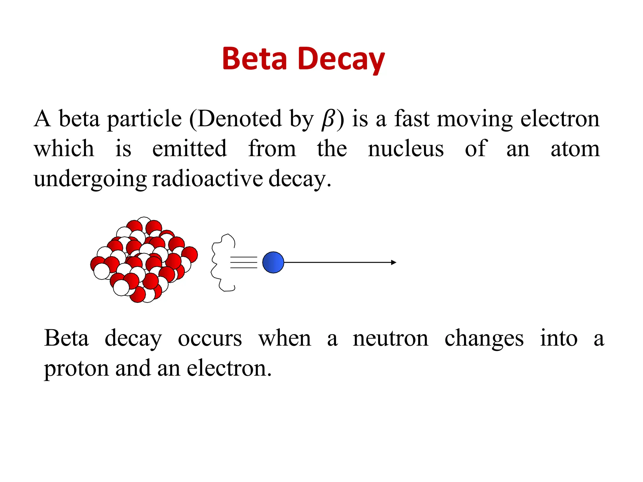 Beta Decay
A beta particle (Denoted by 𝛽) is a fast moving electron
which is emitted from the nucleus of an atom
undergoing radioactive decay.
Beta decay occurs when a neutron changes into a
proton and an electron.
 