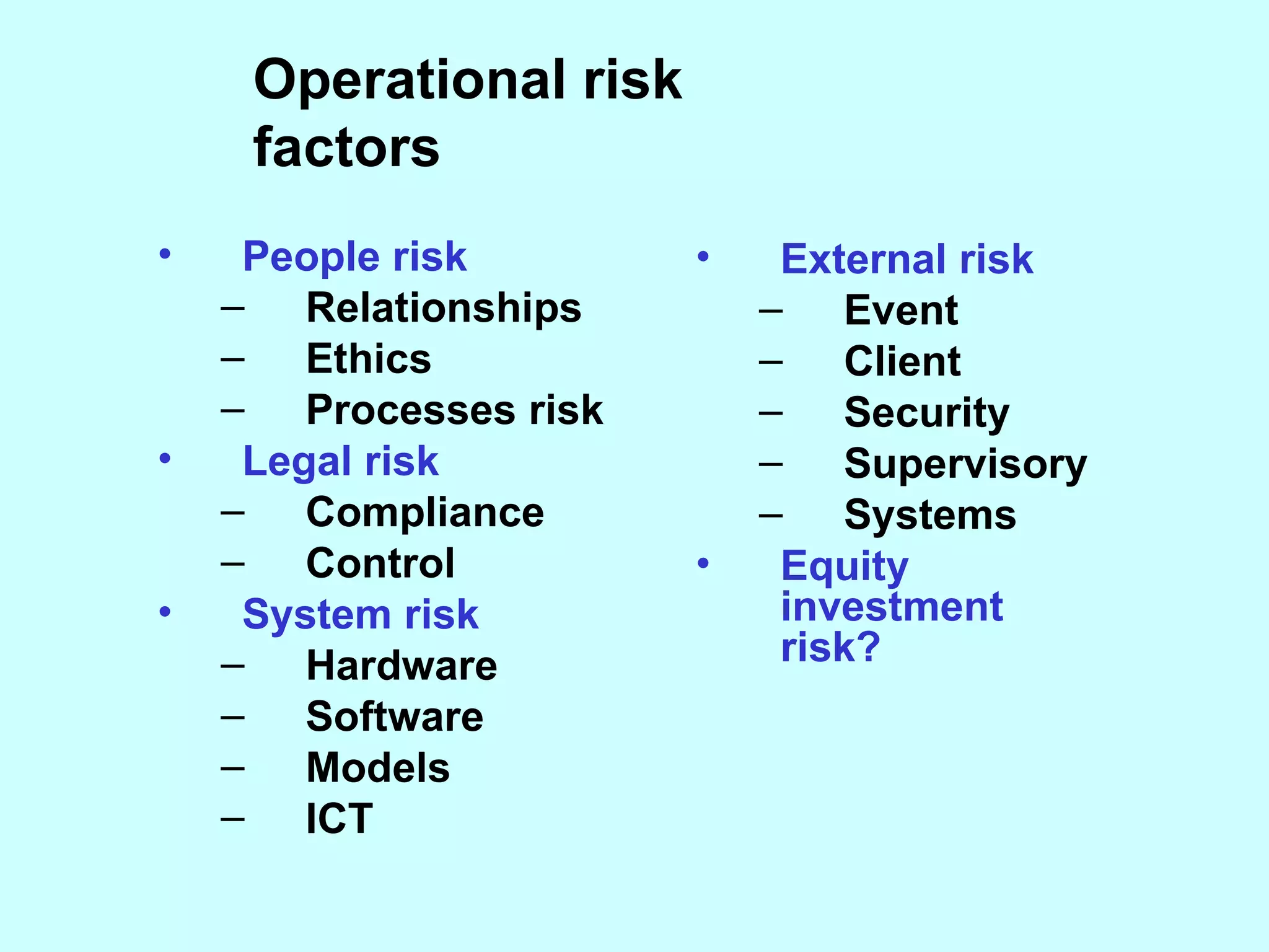 Operational risk factors People risk Relationships Ethics Processes risk Legal risk Compliance Control System risk Hardware Software Models ICT External risk Event Client Security Supervisory Systems Equity investment risk? 