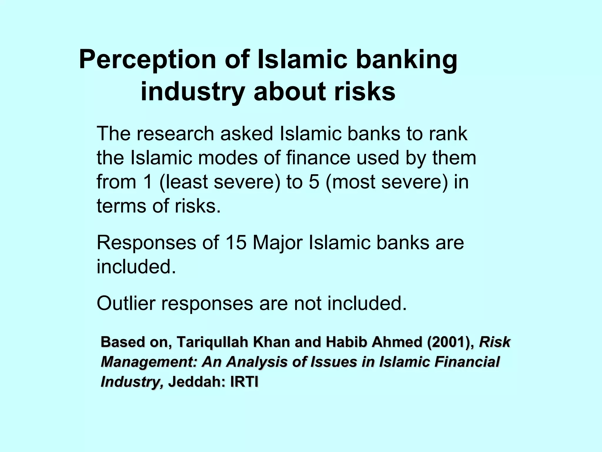 Perception of Islamic banking industry about risks Based on, Tariqullah Khan and Habib Ahmed (2001),  Risk Management: An Analysis of Issues in Islamic Financial Industry,  Jeddah: IRTI The research asked Islamic banks to rank the Islamic modes of finance used by them from 1 (least severe) to 5 (most severe) in terms of risks. Responses of 15 Major Islamic banks are included. Outlier responses are not included. 