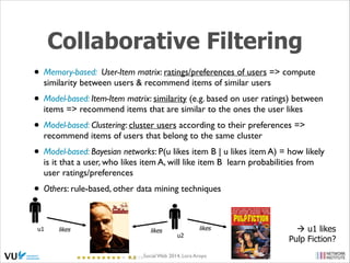 Collaborative Filtering
• Memory-based: User-Item matrix: ratings/preferences of users => compute
similarity between users & recommend items of similar users	


• Model-based: Item-Item matrix: similarity (e.g. based on user ratings) between
items => recommend items that are similar to the ones the user likes	


• Model-based: Clustering: cluster users according to their preferences =>
recommend items of users that belong to the same cluster	


• Model-based: Bayesian networks: P(u likes item B | u likes item A) = how likely
is it that a user, who likes item A, will like item B learn probabilities from
user ratings/preferences	


• Others: rule-based, other data mining techniques	

u1

likes

likes

u2

likes

Social Web 2014, Lora Aroyo!

! u1 likes
Pulp Fiction?

 