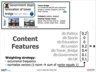 Government stops
renovation of tower
bridge Oct 13th 2011

Tower Bridge
is a combined bascule and suspension
bridge in London, England, over the
River Thames.
Category: politics, england
Related Twiper news:
@bob: Why do they stop to… [more]
@mary: London stops reno… [more]

Tower Bridge today Under construction

Content
Features

db:Politics
db:Sports
db:Education
db:London
db:Tower_Bridge
db:Government
db:UK

Weighting strategy:
-  occurrence frequency
-  normalize vectors (1-norm ! sum of vector equals 1)
based on slides from Fabien Abel

0.2
0
0
0.2 = a
0.4
0.1
0.1

 