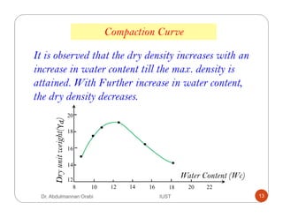 It is observed that the dry density increases with an
increase in water content till the max. density is
attained. With Further increase in water content,
the dry density decreases.
Compaction Curve
16
18
14
12
20
8 14 16 18 20 221210
Dryunitweight()γ
Water Content (Wc)
Dr. Abdulmannan Orabi IUST 13
 