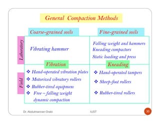 Coarse-grained soils Fine-grained soils
Rubber-tired rollers
LaboratoryField
Vibration
Vibrating hammer
Kneading
Static loading and press
General Compaction Methods
Hand-operated vibration plates
Motorized vibratory rollers
Rubber-tired equipment
Free – falling weight
dynamic compaction
Hand-operated tampers
Sheep-foot rollers
Falling weight and hammers
Kneading compactors
Dr. Abdulmannan Orabi IUST 30
 