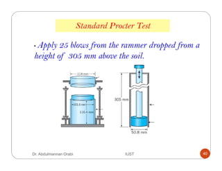 • Apply 25 blows from the rammer dropped from a
height of 305 mm above the soil.
Standard Procter Test
Dr. Abdulmannan Orabi IUST 40
 