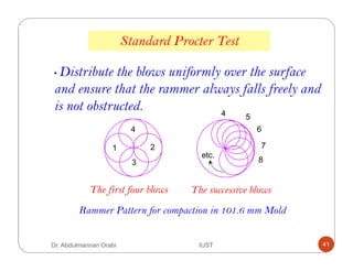 • Distribute the blows uniformly over the surface
and ensure that the rammer always falls freely and
is not obstructed.
Standard Procter Test
Rammer Pattern for compaction in 101.6 mm Mold
4
3
1 2
5
7
6
8
4
etc.
The first four blows The successive blows
Dr. Abdulmannan Orabi IUST 41
 