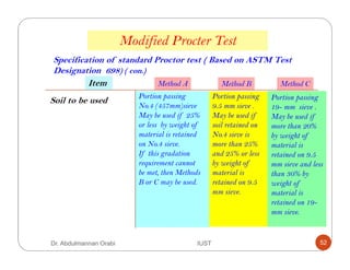 Method A Method B Method C
Soil to be used Portion passing
No.4 (457mm)sieve
May be used if 25%
or less by weight of
material is retained
on No.4 sieve.
If this gradation
requirement cannot
be met, then Methods
B or C may be used.
Portion passing
9.5 mm sieve .
May be used if
soil retained on
No.4 sieve is
more than 25%
and 25% or less
by weight of
material is
retained on 9.5
mm sieve.
Portion passing
19- mm sieve .
May be used if
more than 20%
by weight of
material is
retained on 9.5
mm sieve and less
than 30% by
weight of
material is
retained on 19-
mm sieve.
Item
Specification of standard Proctor test ( Based on ASTM Test
Designation 698) ( con.)
Modified Procter Test
Dr. Abdulmannan Orabi IUST 52
 