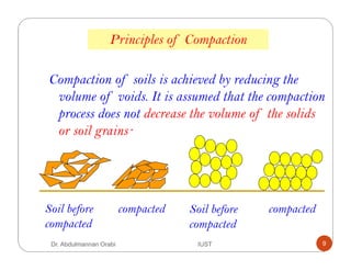 compacted Soil before
compacted
compacted
Compaction of soils is achieved by reducing the
volume of voids. It is assumed that the compaction
process does not decrease the volume of the solids
or soil grains·
Soil before
compacted
Principles of Compaction
Dr. Abdulmannan Orabi IUST 9
 