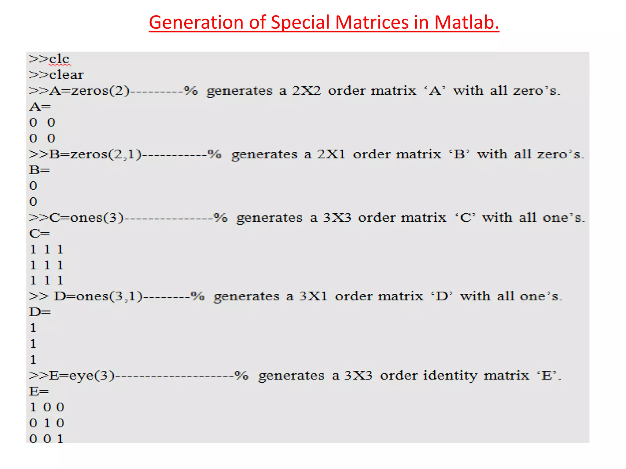 Generation of Special Matrices in Matlab.
 