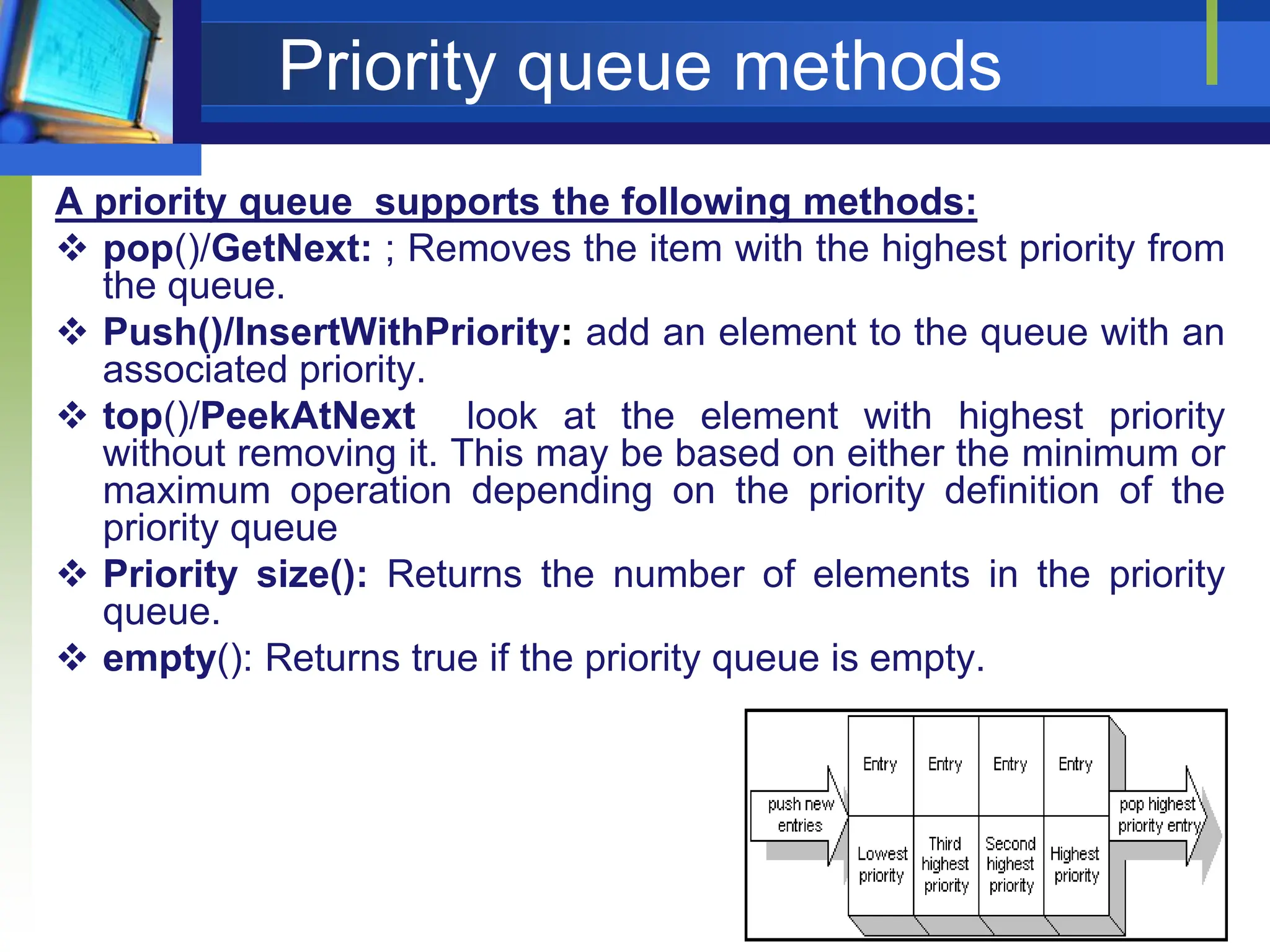 Priority queue methods
A priority queue supports the following methods:
 pop()/GetNext: ; Removes the item with the highest priority from
the queue.
 Push()/InsertWithPriority: add an element to the queue with an
associated priority.
 top()/PeekAtNext look at the element with highest priority
without removing it. This may be based on either the minimum or
maximum operation depending on the priority definition of the
priority queue
 Priority size(): Returns the number of elements in the priority
queue.
 empty(): Returns true if the priority queue is empty.
 