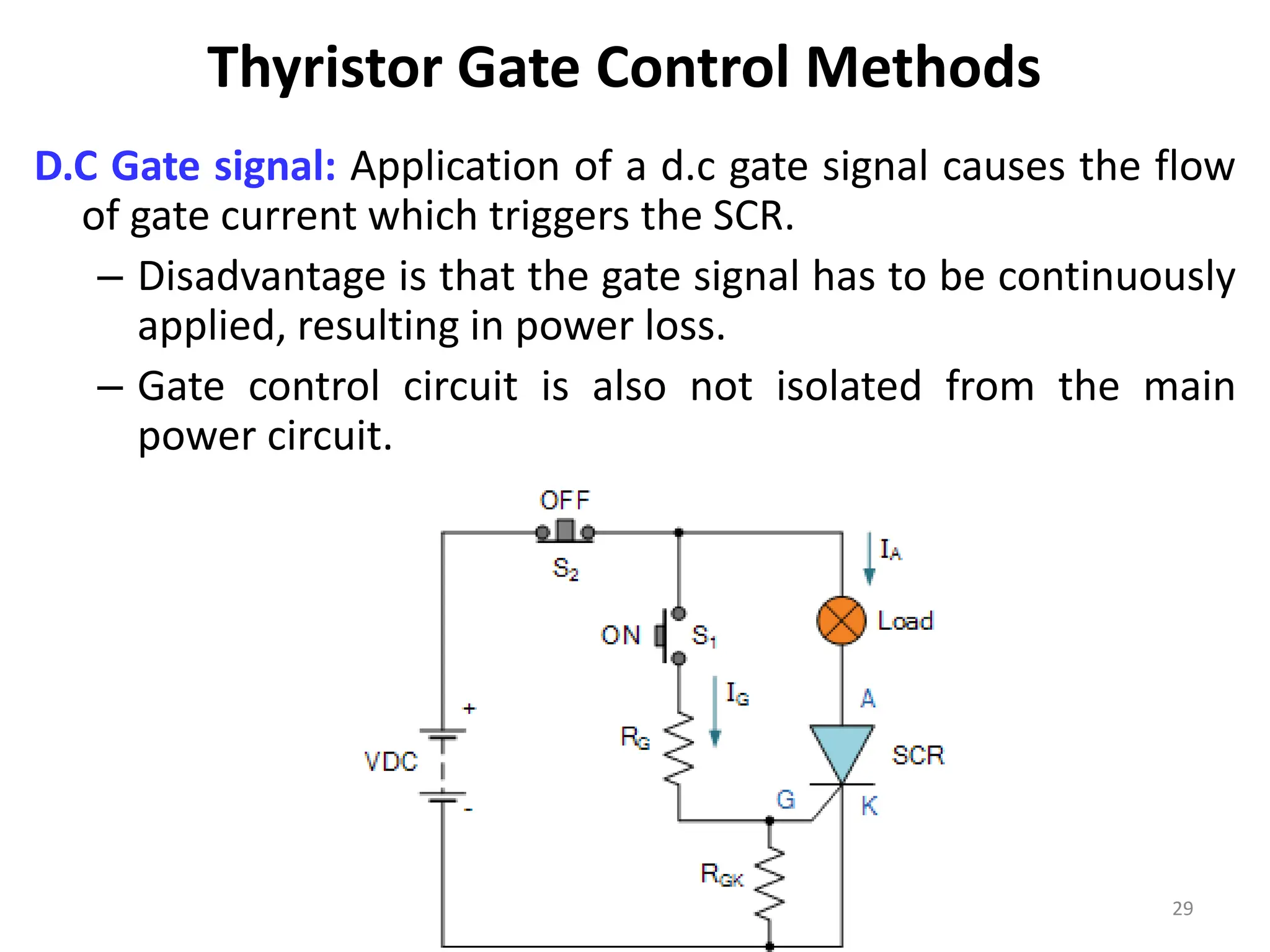 Thyristor Gate Control Methods
D.C Gate signal: Application of a d.c gate signal causes the flow
of gate current which triggers the SCR.
– Disadvantage is that the gate signal has to be continuously
applied, resulting in power loss.
– Gate control circuit is also not isolated from the main
power circuit.
29
 