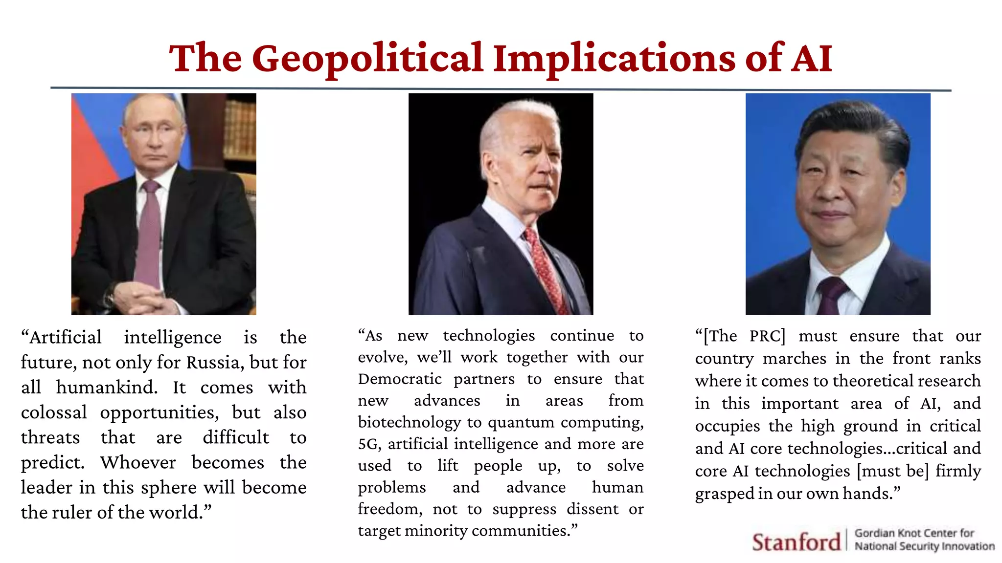 “Artificial intelligence is the
future, not only for Russia, but for
all humankind. It comes with
colossal opportunities, but also
threats that are difficult to
predict. Whoever becomes the
leader in this sphere will become
the ruler of the world.”
The Geopolitical Implications of AI
“As new technologies continue to
evolve, we’ll work together with our
Democratic partners to ensure that
new advances in areas from
biotechnology to quantum computing,
5G, artificial intelligence and more are
used to lift people up, to solve
problems and advance human
freedom, not to suppress dissent or
target minority communities.”
“[The PRC] must ensure that our
country marches in the front ranks
where it comes to theoretical research
in this important area of AI, and
occupies the high ground in critical
and AI core technologies...critical and
core AI technologies [must be] firmly
grasped in our own hands.”
 
