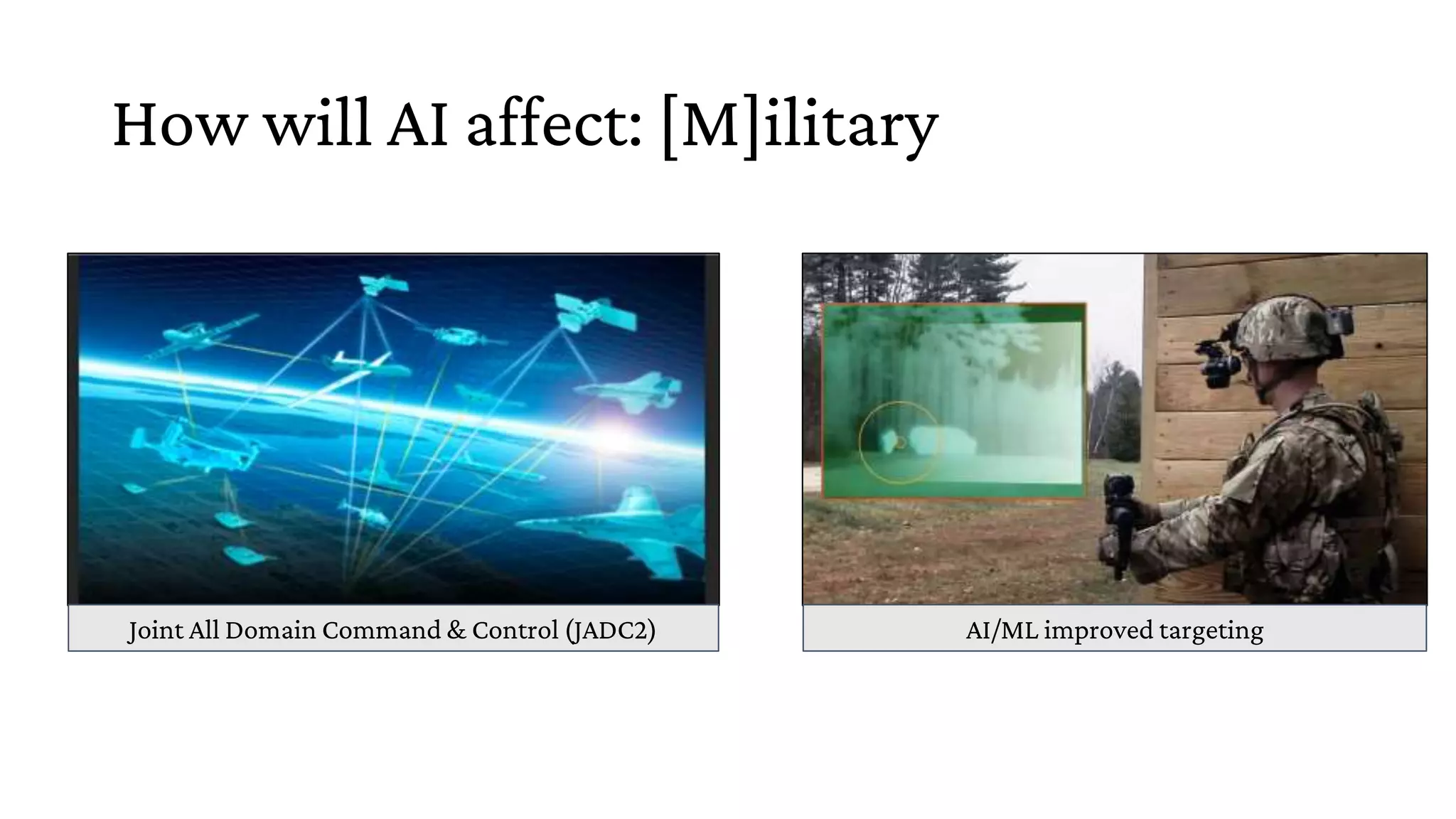 How will AI affect: [M]ilitary
Joint All Domain Command & Control (JADC2) AI/ML improved targeting
 