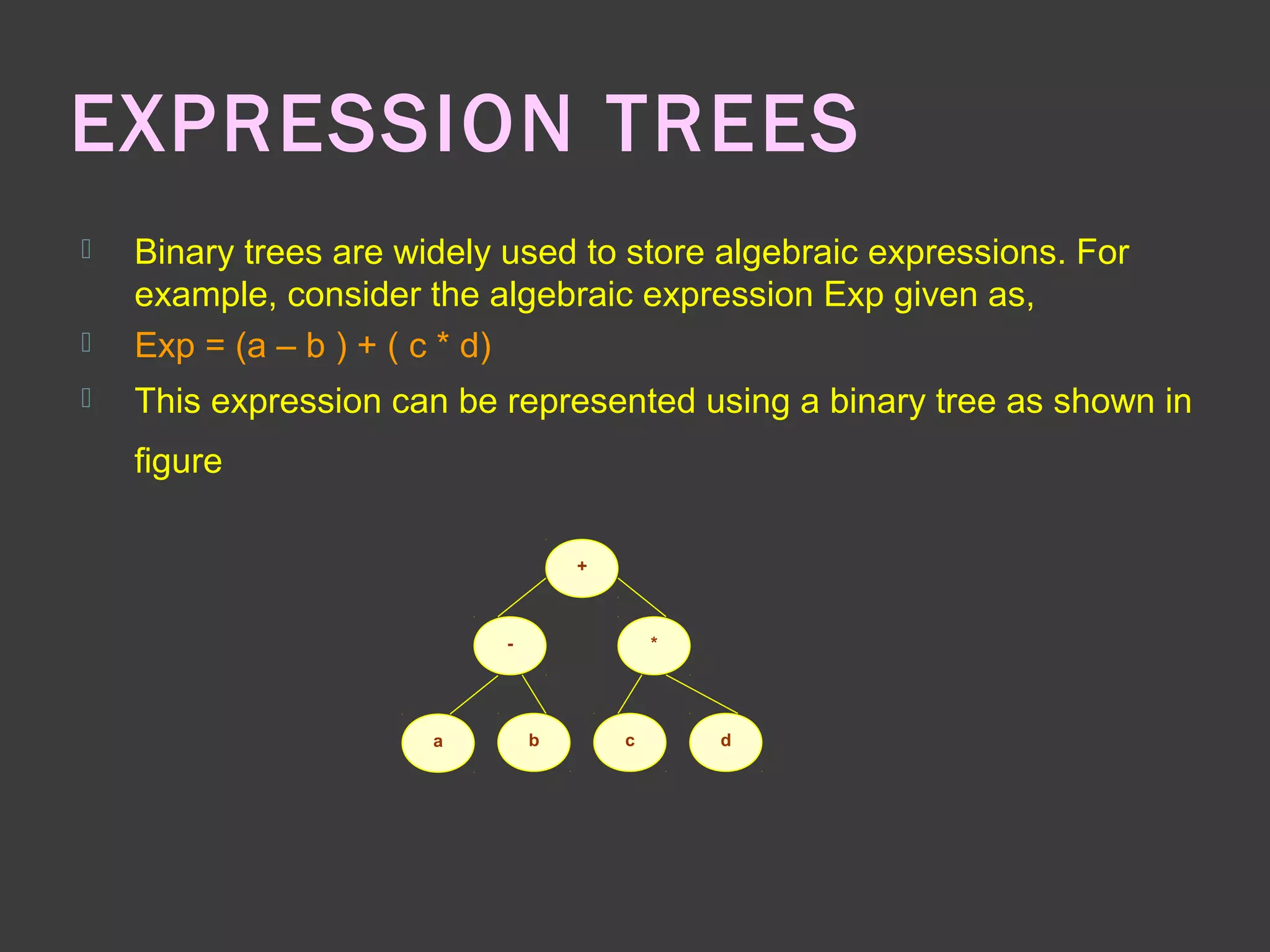 EXPRESSION TREES
 Binary trees are widely used to store algebraic expressions. For
example, consider the algebraic expression Exp given as,
 Exp = (a – b ) + ( c * d)
 This expression can be represented using a binary tree as shown in
figure
+
*-
a b c d
 