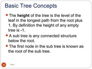 Basic Tree Concepts
Trees12
The height of the tree is the level of the
leaf in the longest path from the root plus
1. By definition the height of any empty
tree is -1.
A sub tree is any connected structure
below the root.
The first node in the sub tree is known as
the root of the sub tree.
 