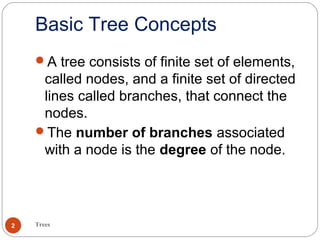 Basic Tree Concepts
Trees2
A tree consists of finite set of elements,
called nodes, and a finite set of directed
lines called branches, that connect the
nodes.
The number of branches associated
with a node is the degree of the node.
 