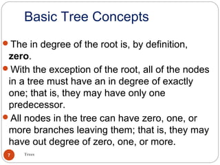 Basic Tree Concepts
Trees7
The in degree of the root is, by definition,
zero.
With the exception of the root, all of the nodes
in a tree must have an in degree of exactly
one; that is, they may have only one
predecessor.
All nodes in the tree can have zero, one, or
more branches leaving them; that is, they may
have out degree of zero, one, or more.
 
