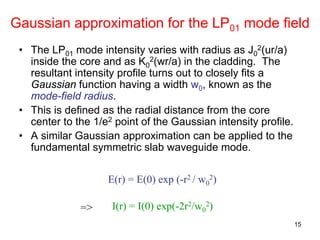 15
Gaussian approximation for the LP01 mode field
• The LP01 mode intensity varies with radius as J0
2(ur/a)
inside the core and as K0
2(wr/a) in the cladding. The
resultant intensity profile turns out to closely fits a
Gaussian function having a width w0, known as the
mode-field radius.
• This is defined as the radial distance from the core
center to the 1/e2 point of the Gaussian intensity profile.
• A similar Gaussian approximation can be applied to the
fundamental symmetric slab waveguide mode.
E(r) = E(0) exp (-r2 / w0
2)
I(r) = I(0) exp(-2r2/w0
2)=>
 