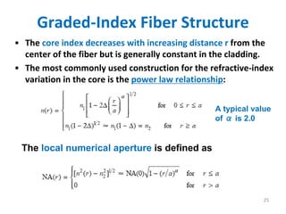 Graded‐Index Fiber Structure
• The core index decreases with increasing distance r from the 
center of the fiber but is generally constant in the cladding. 
• The most commonly used construction for the refractive‐index 
variation in the core is the power law relationship:
25
The local numerical aperture is defined as
A typical value
of α is 2.0
 