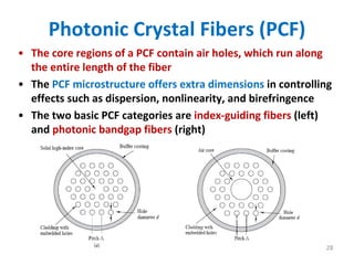 Photonic Crystal Fibers (PCF)
• The core regions of a PCF contain air holes, which run along 
the entire length of the fiber
• The PCF microstructure offers extra dimensions in controlling 
effects such as dispersion, nonlinearity, and birefringence
• The two basic PCF categories are index‐guiding fibers (left) 
and photonic bandgap fibers (right) 
28
 