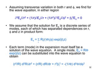 32
• Assuming transverse variation in both r and φ, we find for
the wave equation, in either region
∂2Ex/∂r2 + (1/r)∂Ex/∂r + (1/r2)∂2Ex/∂φ2 + βt
2Ex = 0
• We assume that the solution for Ex is a discrete series of
modes, each of which has separated dependences on r,
φ and z in product form:
Ex = Σ Ri(r)Φi(φ) exp(iβiz)
• Each term (mode) in the expansion must itself be a
solution of the wave equation. A single mode, Ex = RΦ
exp(iβz) can be substituted into the wave equation to
obtain
(r2/R) d2R/dr2 + (r/R) dR/dr + r2βt
2 = -(1/Φ) d2Φ/dφ2
i
 