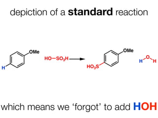 depiction of a standard reaction



        OMe                    OMe
              HO SO3H                    O
                                     H       H
H                       HO3S




which means we ‘forgot’ to add HOH
 
