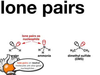 lone pairs
             lone pairs as
              nucleophile

     O                         N              S
 H       H               H         H    H3C       CH3
                          H
 water                  ammonia        dimethyl sulfide
                                           (DMS)
      lone pairs on neutral
     molecules are also good
         nucleophiles...
 
