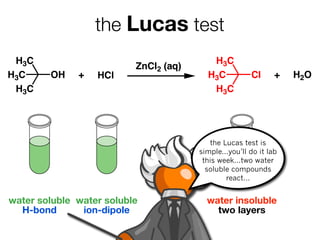 the Lucas test
 H3C                                      H3C
                          ZnCl2 (aq)
H3C     OH    +   HCl                    H3C           Cl      +   H2O
 H3C                                      H3C




                                          the Lucas test is
                                       simple...you’ll do it lab
                                        this week...two water
                                         soluble compounds
                                               react...


water soluble water soluble              water insoluble
  H-bond       ion-dipole                  two layers
 