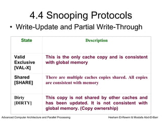 4.4 Snooping Protocols
      • Write-Update and Partial Write-Through
               State                                     Description


         Valid                    This is the only cache copy and is consistent
         Exclusive                with global memory
         [VAL-X]

         Shared                   There are multiple caches copies shared. All copies
         [SHARE]                  are consistent with memory


         Dirty                    This copy is not shared by other caches and
         [DIRTY]                  has been updated. It is not consistent with
                                  global memory. (Copy ownership)
Advanced Computer Architecture and Parallel Processing                 Hesham El-Rewini & Mostafa Abd-El-Barr
 