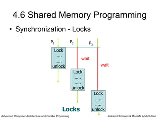 4.6 Shared Memory Programming
      • Synchronization - Locks
                                       P1                P2       P3
                                         Lock
                                          …..
                                                              wait
                                          …..
                                        unlock                           wait
                                                          Lock
                                                           …..
                                                           …..
                                                         unlock
                                                                      Lock
                                                                       …..
                                                                       …..
                                                Locks                unlock
Advanced Computer Architecture and Parallel Processing                        Hesham El-Rewini & Mostafa Abd-El-Barr
 