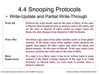 4.4 Snooping Protocols
      • Write-Update and Partial Write-Through
     Write Hit                 Perform the write locally and set the state to Dirty. If the state
                               is Shared, then broadcast data to memory and to all caches and
                               set the state to Shared. If other caches no longer share the
                               block, the state changes from Shared to Valid Exclusion.


     Write Miss                The block copy comes from either another cache or from global
                               memory. If the block comes from another cache, perform the
                               update and update all other caches that share the block and
                               global memory. Set the state to Shared. If the copy comes from
                               memory, perform the write and set the state to Dirty.
     Block                     If a copy is in a Dirty state, it has to be written back to main
     Replacement               memory if the block is being replaced. If the copy is in Valid
                               Exclusive or Shared states, no write back is needed when a
                               block is replaced.

Advanced Computer Architecture and Parallel Processing                Hesham El-Rewini & Mostafa Abd-El-Barr
 