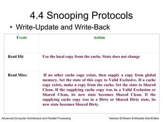 4.4 Snooping Protocols
      • Write-Update and Write-Back
           Event                                            Action



    Read Hit                   Use the local copy from the cache. State does not change



    Read Miss:                  If no other cache copy exists, then supply a copy from global
                               memory. Set the state of this copy to Valid Exclusive. If a cache
                               copy exists, make a copy from the cache. Set the state to Shared
                               Clean. If the supplying cache copy was in a Valid Exclusion or
                               Shared Clean, its new state becomes Shared Clean. If the
                               supplying cache copy was in a Dirty or Shared Dirty state, its
                               new state becomes Shared Dirty.


Advanced Computer Architecture and Parallel Processing               Hesham El-Rewini & Mostafa Abd-El-Barr
 