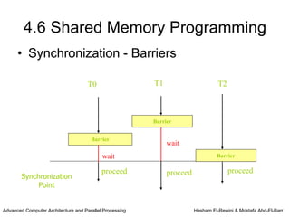 4.6 Shared Memory Programming
      • Synchronization - Barriers

                                     T0                  T1                       T2



                                                         Barrier


                                      Barrier
                                                              wait
                                           wait                                  Barrier

                                           proceed            proceed                  proceed
        Synchronization
             Point


Advanced Computer Architecture and Parallel Processing                  Hesham El-Rewini & Mostafa Abd-El-Barr
 
