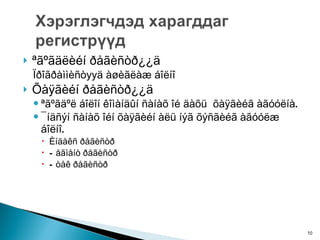ªãºãäëèéí ðåãèñòð¿¿ä Ïðîãðàììèñò уу ä àøèãëàæ áîëíî Õàÿãèéí ðåãèñòð¿¿ä ªãºãäºë áîëîí êîìàíäûí ñàíàõ îé äàõü  õàÿãèéã àãóóëíà.  ¯íäñýí ñàíàõ îéí õàÿãèéí àëü íýã õýñãèéã àãóóëæ áîëíî. Èíäåêñ ðåãèñòð Ñåãìåíò ðåãèñòð Ñòåê ðåãèñòð 