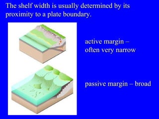 active margin – often very narrow passive margin – broad The shelf width is usually determined by its proximity to a plate boundary.  