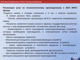 №6 Проектирование систем электроснабжения


  Реализация услуг по технологическому присоединению в ОАО МРСК
  Центра
   Подается заявка в сетевую компанию в 2 экз. с описью вложения.
       В заявке должны быть указаны:                                    .
       - Полное наименование организации (Ф.И.О. заявителя) направившего
  заявку.                                                                 .
     - Реквизиты заявителя (номер записи в Едином государственном реестре
  юр.лиц и инд.предпринимателей, паспортные данные физ.лиц);              .
      - Наименование и место нахождения энергопринимающих устройств,
  которые необходимо присоединить к электрическим сетям сетевой
  организации;                                                            .
     - Место нахождения заявителя;                                        .
    - Максимальная мощность энергопринимающих устройств;                  .
    - Заявляемый уровень надежности энергопринимающих устройств;          .
        - Сроки проектирования и поэтапного введения в эксплуатацию
  энергопринимающих устройств;                                            .
     - Характер нагрузки (вид производственной деятельности);             .
    - Для передвижных объектов с мощностью до 100 кВт (на срок не более 6
  месяцев) указывается срок временного присоединения;
                                                                     Астахов С.М.
 