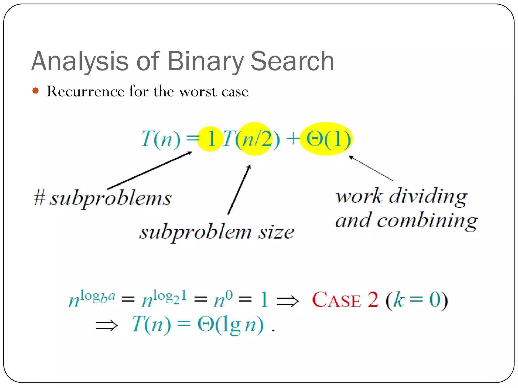 Analysis of Binary Search
 Recurrence for the worst case
 
