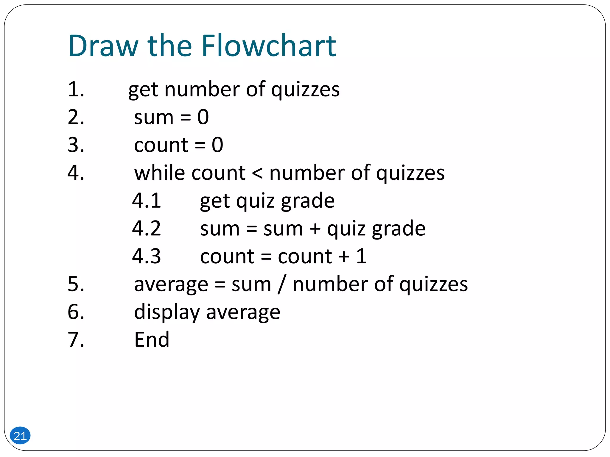 Draw the Flowchart
1. get number of quizzes
2. sum = 0
3. count = 0
4. while count < number of quizzes
4.1 get quiz grade
4.2 sum = sum + quiz grade
4.3 count = count + 1
5. average = sum / number of quizzes
6. display average
7. End
21
 