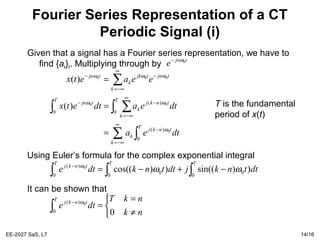 EE-2027 SaS, L7 14/16
Fourier Series Representation of a CT
Periodic Signal (i)
Given that a signal has a Fourier series representation, we have to
find {ak}k. Multiplying through by
Using Euler’s formula for the complex exponential integral
It can be shown that
tjn
e 0ω−
∑ ∫
∫ ∑∫
∑
∞
−∞=
−
∞
−∞=
−−
∞
−∞=
−−
=
=
=
k
T
tnkj
k
T
k
tnkj
k
T
tjn
k
tjntjk
k
tjn
dtea
dteadtetx
eeaetx
0
)(
0
)(
0
0
00
000
)(
)(
ω
ωω
ωωω
T is the fundamental
period of x(t)
∫∫∫ −+−=−
TTT
tnkj
dttnkjdttnkdte
0
0
0
0
0
)(
))sin(())cos((0
ωωω



≠
=
=∫
−
nk
nkT
dte
T
tnkj
00
)( 0ω
 
