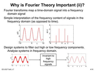 EE-2027 SaS, L7 4/16
Fourier transforms map a time-domain signal into a frequency
domain signal
Simple interpretation of the frequency content of signals in the
frequency domain (as opposed to time).
Design systems to filter out high or low frequency components.
Analyse systems in frequency domain.
Why is Fourier Theory Important (ii)?
Invariant to
high
frequency
signals
 
