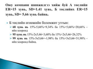

Б төслийн өгөөжийн боломжит утгын:
 68 хувь нь 15%-5,66%=9,34% ба 15%+5,66%=20,66% ийн хооронд
 95 хувь нь 15%-2х5,66=3,68% ба 15%+2х5,66=26,32%
 99 хувь нь 15%-3х5,66=-1,98% ба 15%+3х5,66=31,98% ийн хооронд байна.

 