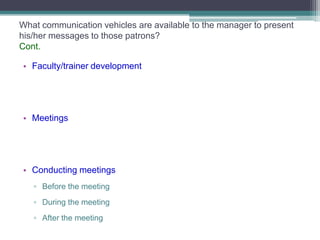 What communication vehicles are available to the manager to present
his/her messages to those patrons?
Cont.
• Faculty/trainer development

• Meetings

• Conducting meetings
▫ Before the meeting
▫ During the meeting
▫ After the meeting

 